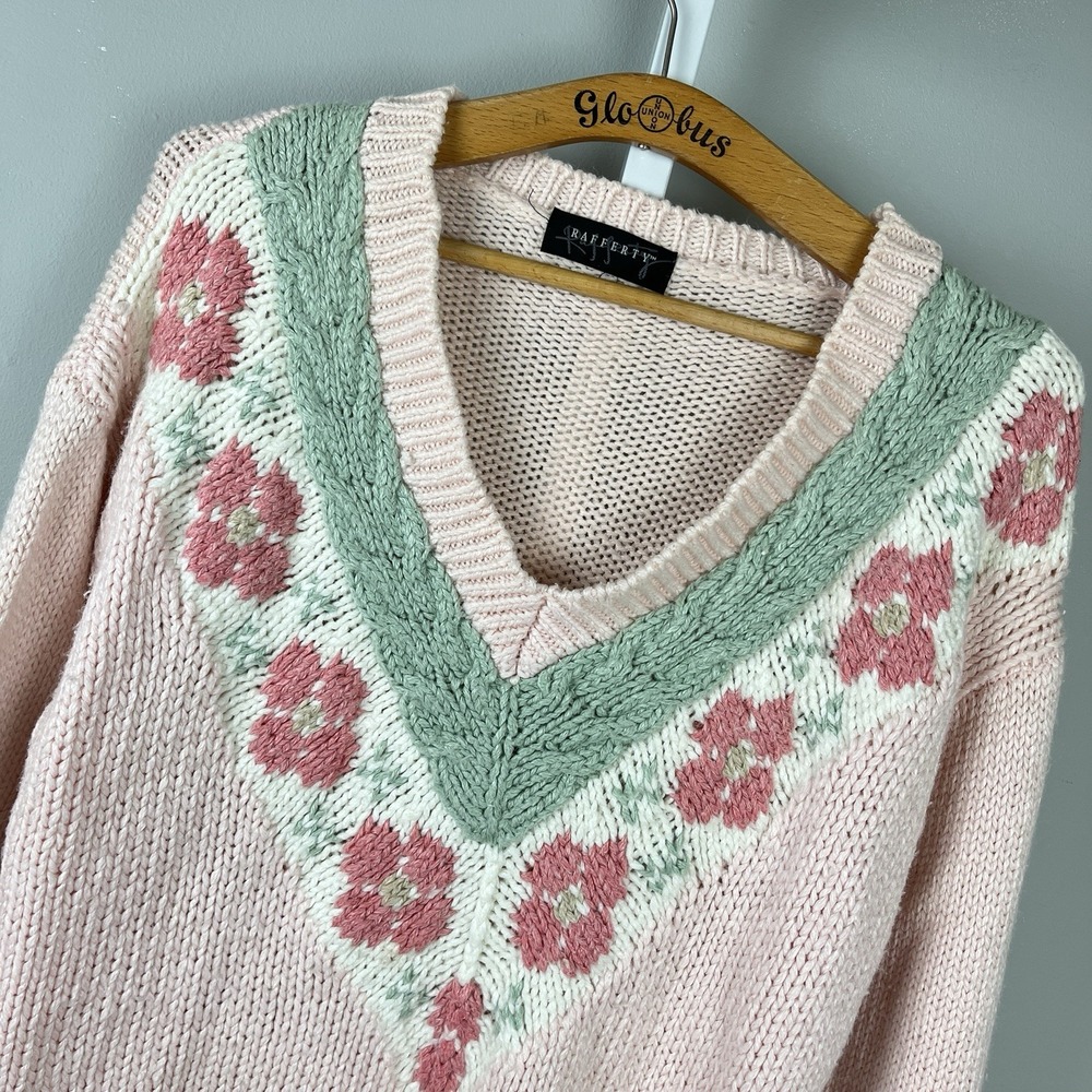 Vintage Raffery Sweater Womens O/S Pastel Pink Green Floral‎ V-Neck Pullover